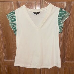 White and Green Ruffle Sleeve Top by